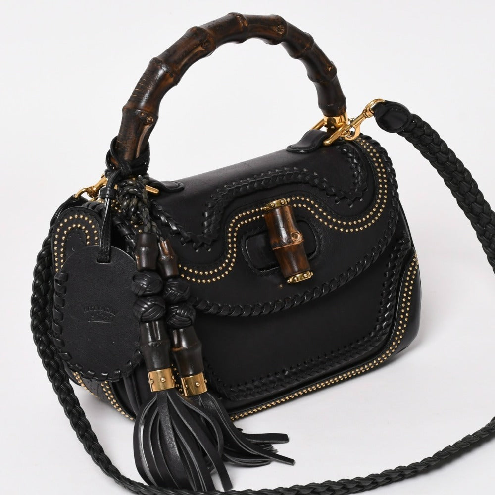 Very Good Condition GUCCI New Bamboo Leather 2WAY Handbag Giannini Wood Handle Shoulder Bag Gold Hardware 263970 Used 4a003289