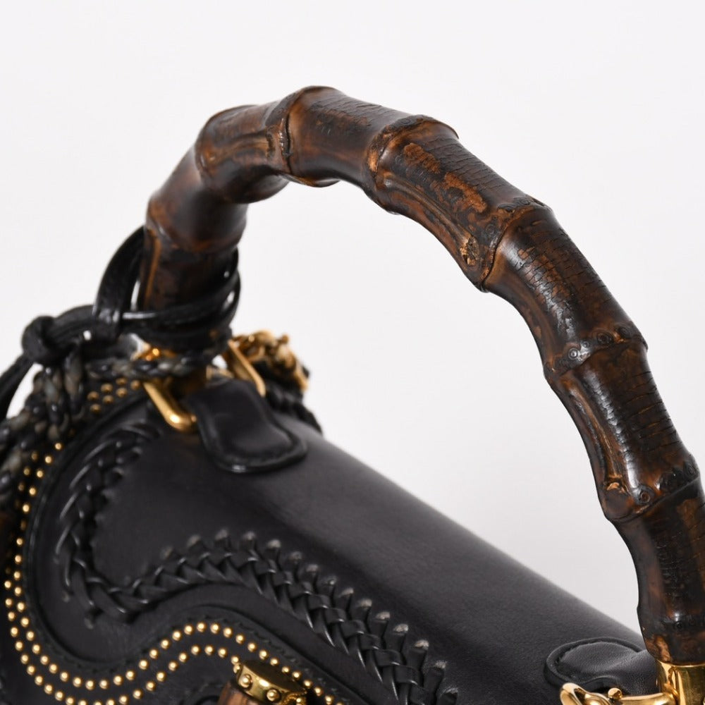 Very Good Condition GUCCI New Bamboo Leather 2WAY Handbag Giannini Wood Handle Shoulder Bag Gold Hardware 263970 Used 4a003289