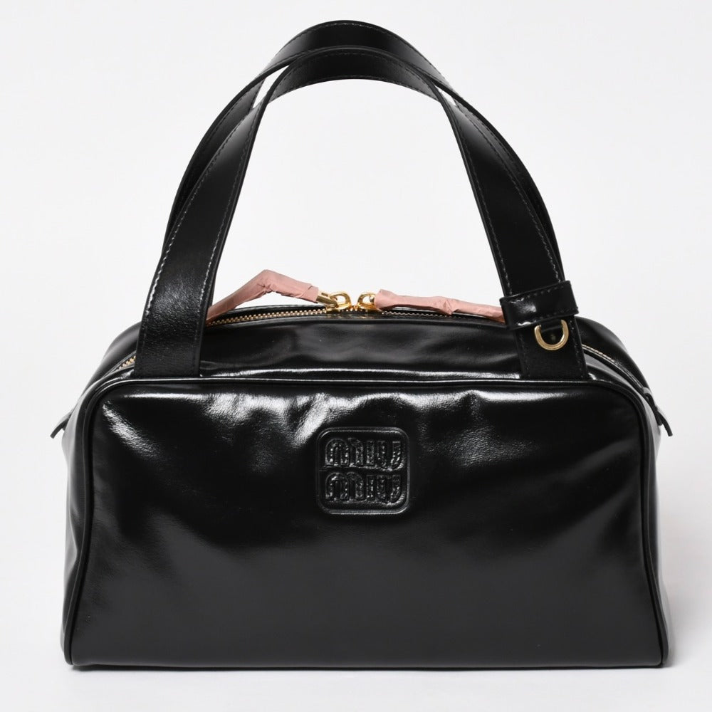 新品同様 MIUMIU ミュウミュウ レザー トップハンドルバッグ ハンドバッグ 5BB182 シャイニーカーフスキン ブラック ゴールド金具 中古 4a003356