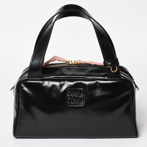 新品同様 MIUMIU ミュウミュウ レザー トップハンドルバッグ ハンドバッグ 5BB182 シャイニーカーフスキン ブラック ゴールド金具 中古 4a003356