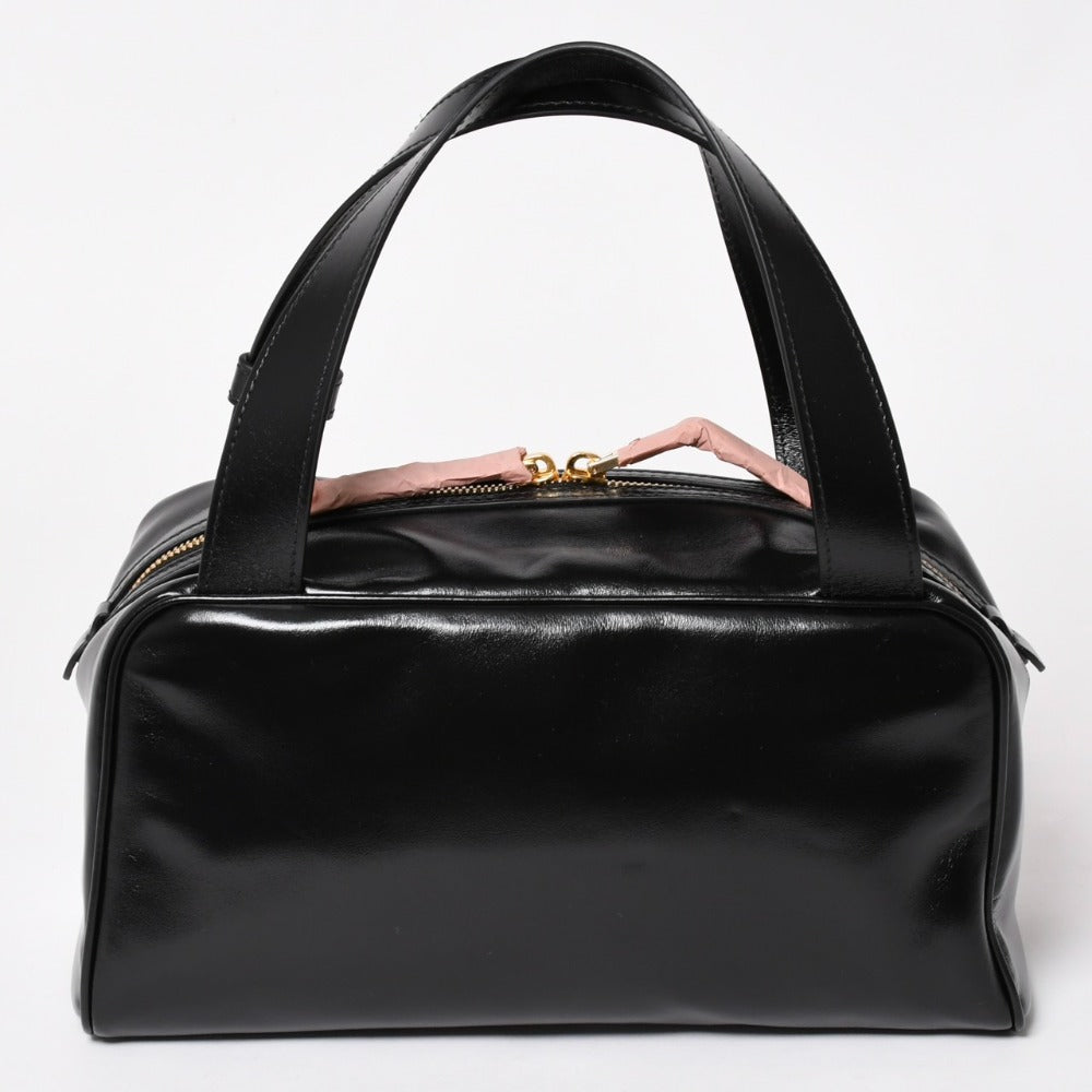 新品同様 MIUMIU ミュウミュウ レザー トップハンドルバッグ ハンドバッグ 5BB182 シャイニーカーフスキン ブラック ゴールド金具 中古 4a003356