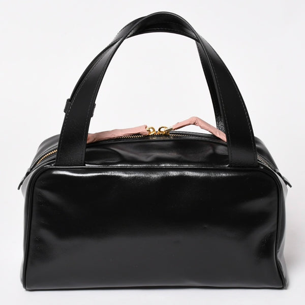 新品同様 MIUMIU ミュウミュウ レザー トップハンドルバッグ ハンドバッグ 5BB182 シャイニーカーフスキン ブラック ゴールド金具 中古 4a003356