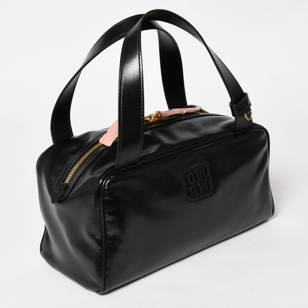 新品同様 MIUMIU ミュウミュウ レザー トップハンドルバッグ ハンドバッグ 5BB182 シャイニーカーフスキン ブラック ゴールド金具 中古 4a003356