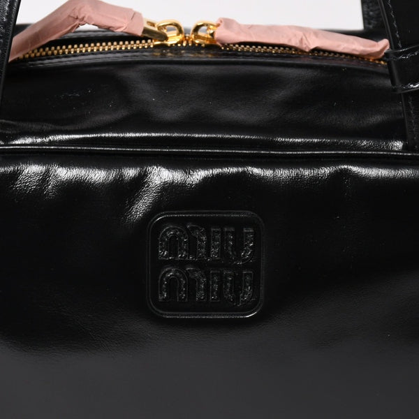 新品同様 MIUMIU ミュウミュウ レザー トップハンドルバッグ ハンドバッグ 5BB182 シャイニーカーフスキン ブラック ゴールド金具 中古 4a003356