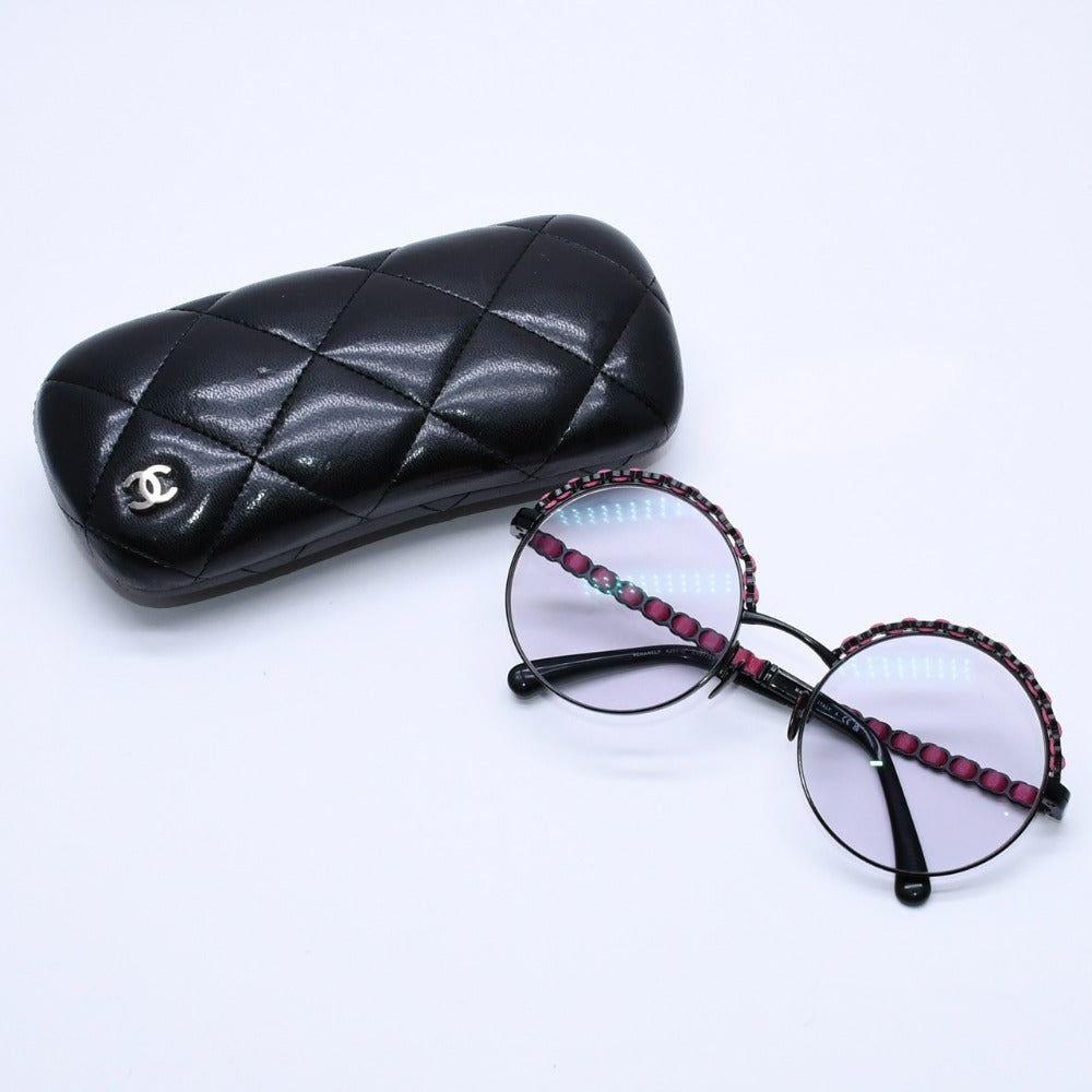 極美品 CHANEL シャネル ラウンドシェイプアイウェア サングラス カーフスキン レザー ブラック ピンク 4265-Q ココマーク 中古 4a003387