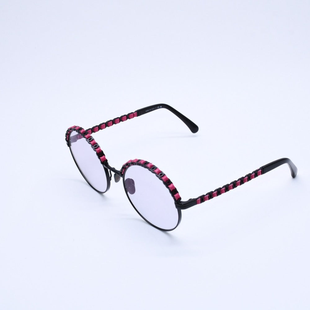 Very Good Condition CHANEL Round Shape Eyewear Sunglasses Calfskin Leather Black Pink 4265-Q Coco Mark Used 4a003387