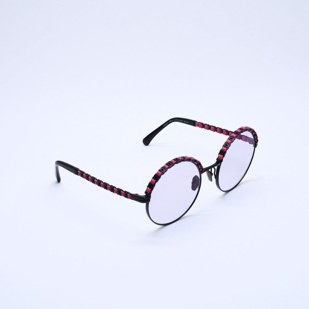 Very Good Condition CHANEL Round Shape Eyewear Sunglasses Calfskin Leather Black Pink 4265-Q Coco Mark Used 4a003387