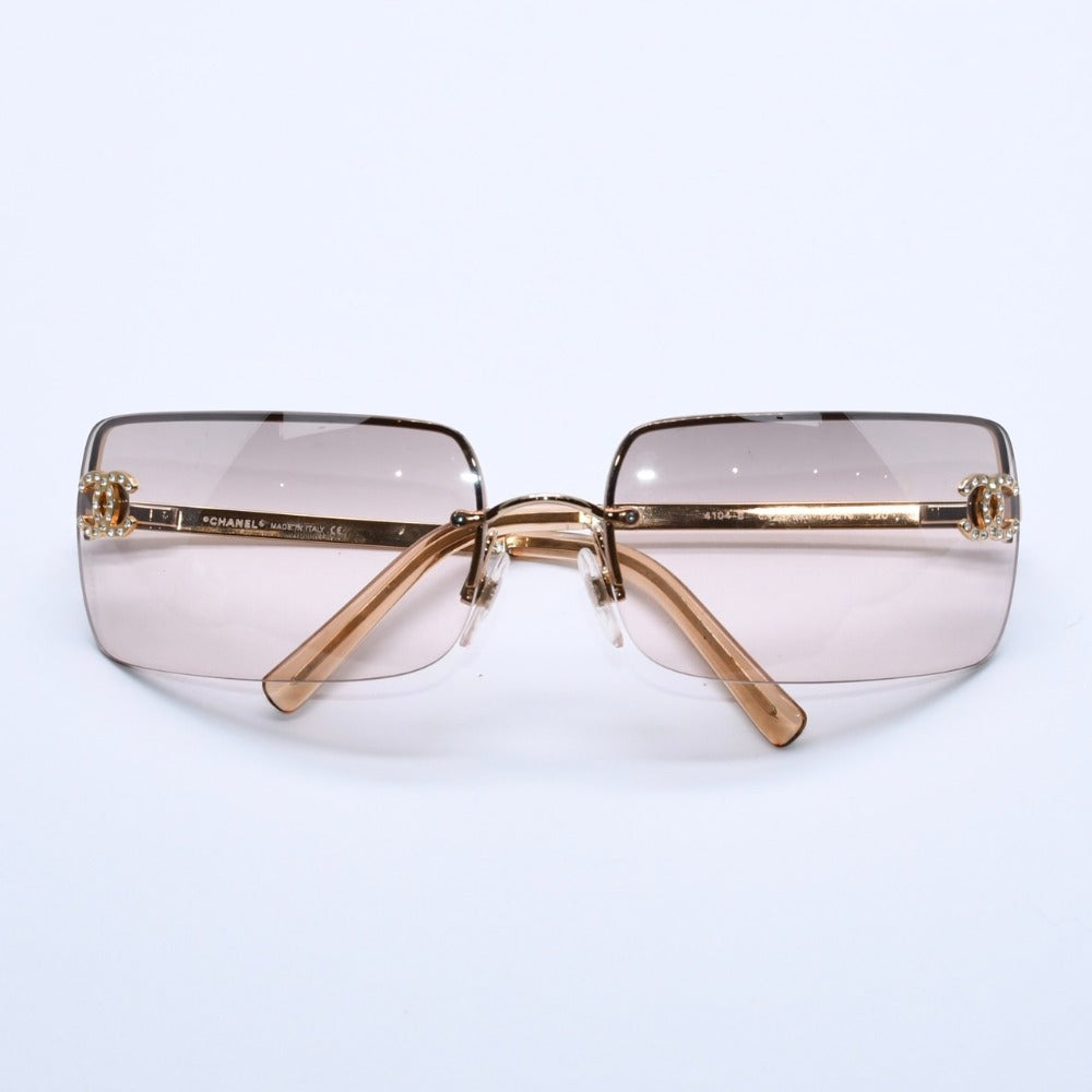 極美品 CHANEL シャネル リムレス ラインストーンサングラス ゴールドフレーム アイウェア 4104-B 62□15 120 中古 4a003369