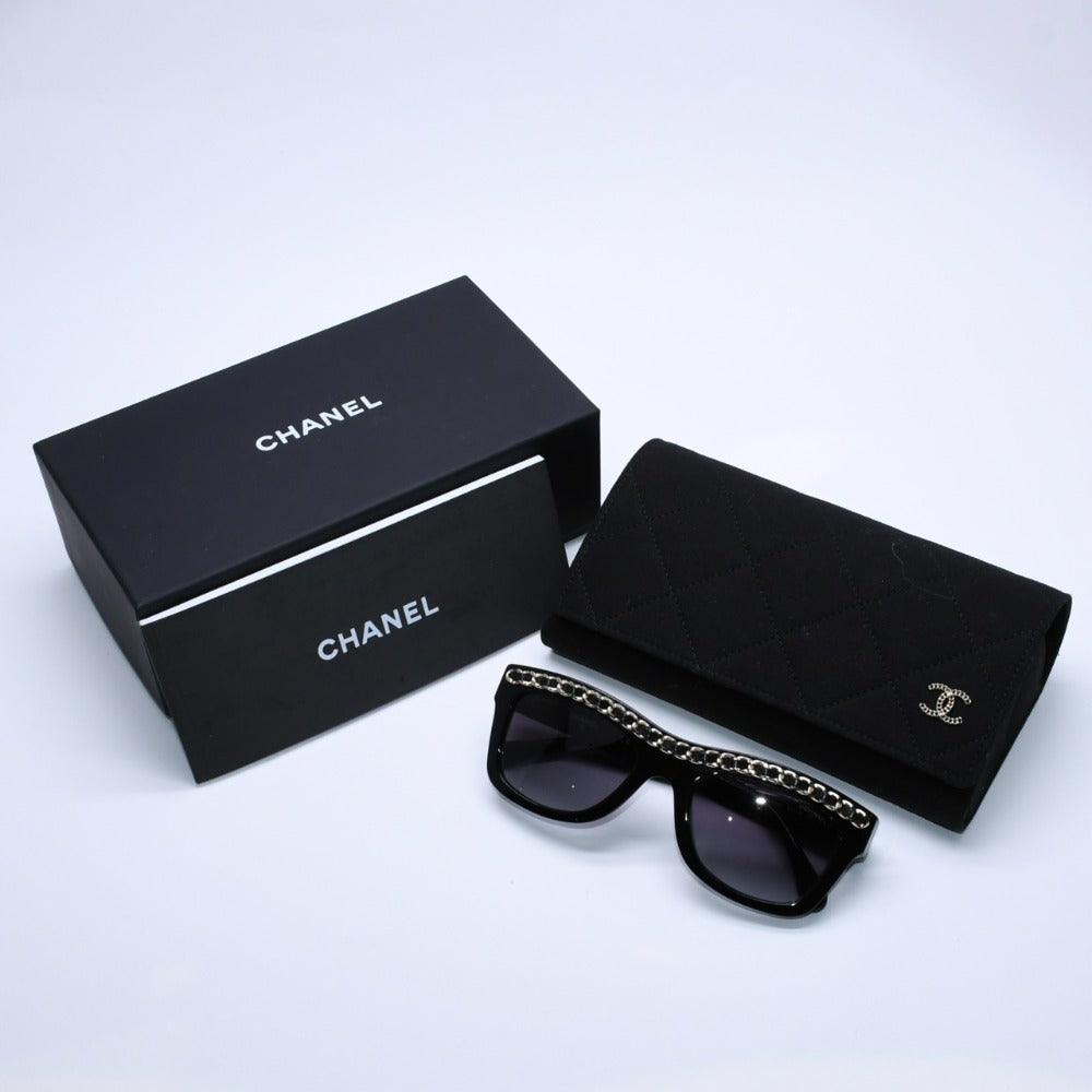 極美品 CHANEL シャネル レクタングル シェイプ サングラス 71626A アイウェア メガネ ブラック シルバー メタルチェーン ココマーク レザー 中古 4a003372