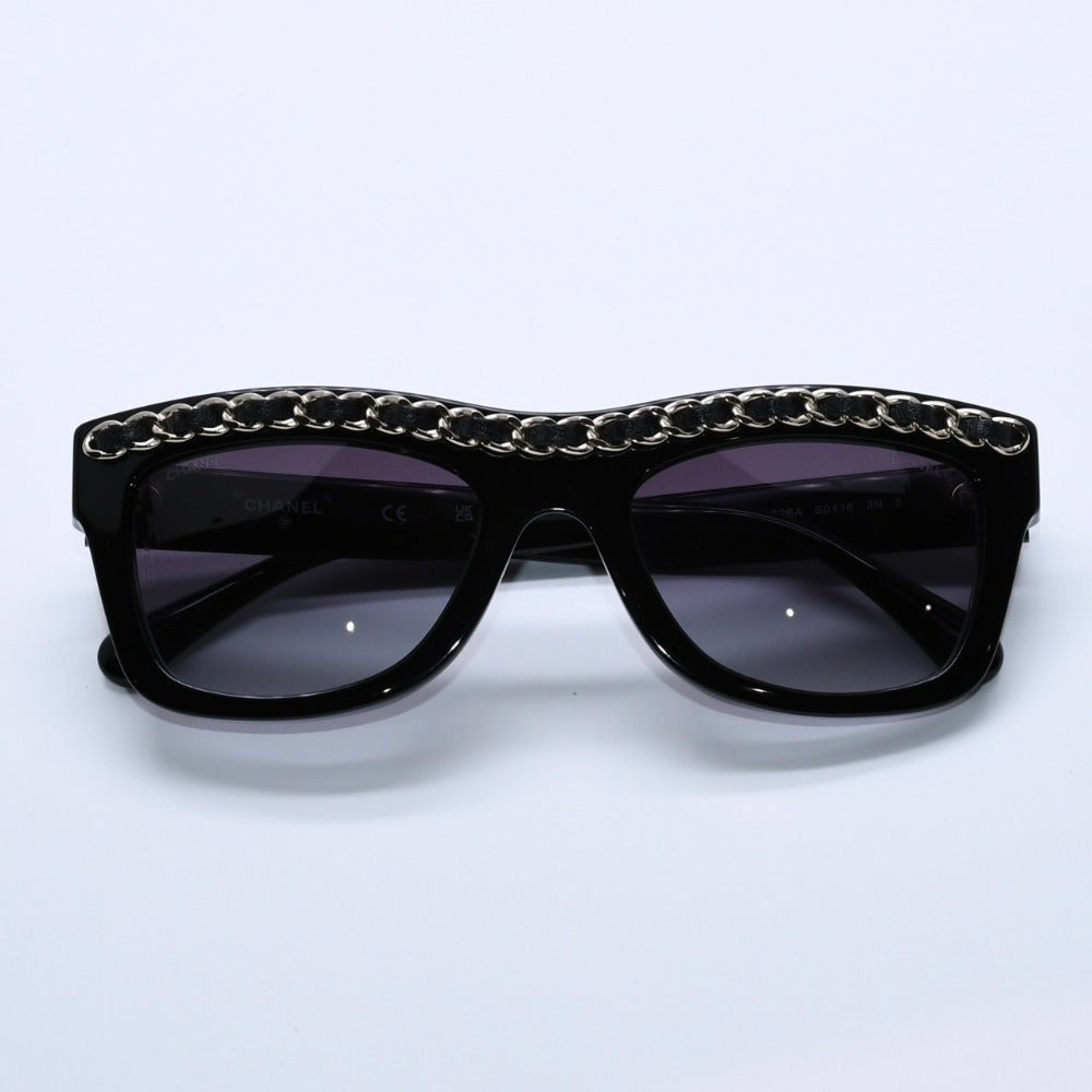 極美品 CHANEL シャネル レクタングル シェイプ サングラス 71626A アイウェア メガネ ブラック シルバー メタルチェーン ココマーク レザー 中古 4a003372