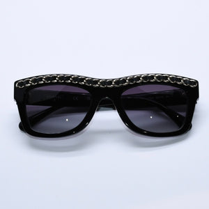 極美品 CHANEL シャネル レクタングル シェイプ サングラス 71626A アイウェア メガネ ブラック シルバー メタルチェーン ココマーク レザー 中古 4a003372