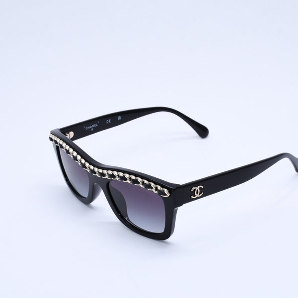 極美品 CHANEL シャネル レクタングル シェイプ サングラス 71626A アイウェア メガネ ブラック シルバー メタルチェーン ココマーク レザー 中古 4a003372