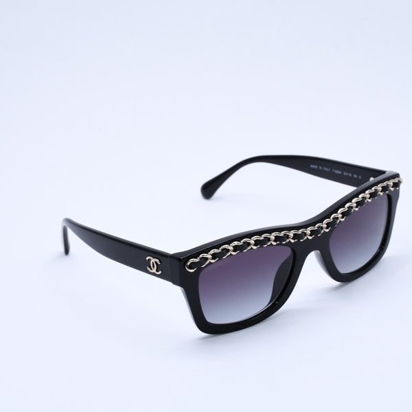 極美品 CHANEL シャネル レクタングル シェイプ サングラス 71626A アイウェア メガネ ブラック シルバー メタルチェーン ココマーク レザー 中古 4a003372