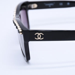 極美品 CHANEL シャネル レクタングル シェイプ サングラス 71626A アイウェア メガネ ブラック シルバー メタルチェーン ココマーク レザー 中古 4a003372