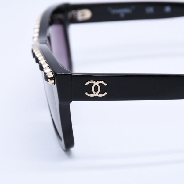 極美品 CHANEL シャネル レクタングル シェイプ サングラス 71626A アイウェア メガネ ブラック シルバー メタルチェーン ココマーク レザー 中古 4a003372