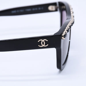 極美品 CHANEL シャネル レクタングル シェイプ サングラス 71626A アイウェア メガネ ブラック シルバー メタルチェーン ココマーク レザー 中古 4a003372
