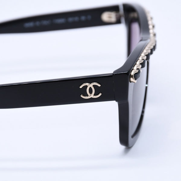 極美品 CHANEL シャネル レクタングル シェイプ サングラス 71626A アイウェア メガネ ブラック シルバー メタルチェーン ココマーク レザー 中古 4a003372