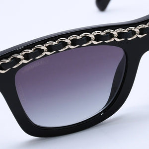 極美品 CHANEL シャネル レクタングル シェイプ サングラス 71626A アイウェア メガネ ブラック シルバー メタルチェーン ココマーク レザー 中古 4a003372