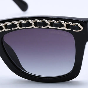 極美品 CHANEL シャネル レクタングル シェイプ サングラス 71626A アイウェア メガネ ブラック シルバー メタルチェーン ココマーク レザー 中古 4a003372