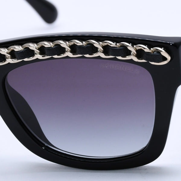 極美品 CHANEL シャネル レクタングル シェイプ サングラス 71626A アイウェア メガネ ブラック シルバー メタルチェーン ココマーク レザー 中古 4a003372