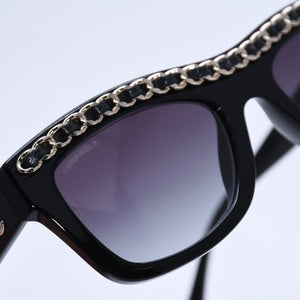 極美品 CHANEL シャネル レクタングル シェイプ サングラス 71626A アイウェア メガネ ブラック シルバー メタルチェーン ココマーク レザー 中古 4a003372