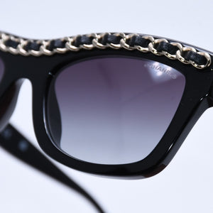 極美品 CHANEL シャネル レクタングル シェイプ サングラス 71626A アイウェア メガネ ブラック シルバー メタルチェーン ココマーク レザー 中古 4a003372