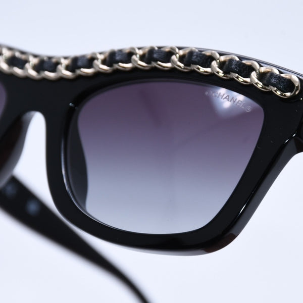 極美品 CHANEL シャネル レクタングル シェイプ サングラス 71626A アイウェア メガネ ブラック シルバー メタルチェーン ココマーク レザー 中古 4a003372