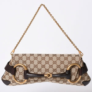 極美品 GUCCI グッチ Horsebit ホースビット 2WAYバッグ 120134 GGキャンバス レザー ベージュ 中古 4a002108