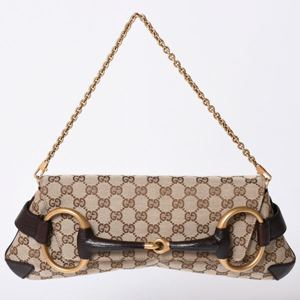 極美品 GUCCI グッチ Horsebit ホースビット 2WAYバッグ 120134 GGキャンバス レザー ベージュ 中古 4a002108