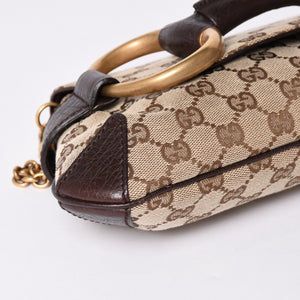 極美品 GUCCI グッチ Horsebit ホースビット 2WAYバッグ 120134 GGキャンバス レザー ベージュ 中古 4a002108