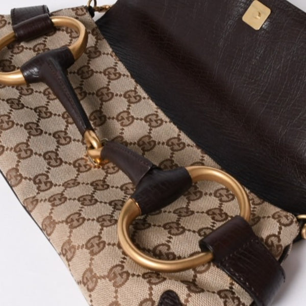 極美品 GUCCI グッチ Horsebit ホースビット 2WAYバッグ 120134 GGキャンバス レザー ベージュ 中古 4a002108
