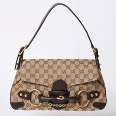 極美品 GUCCI グッチ ワンショルダーバッグ ホースビット GGキャンバス レザー ベージュ ダークブラウン 114915 中古 4a002077