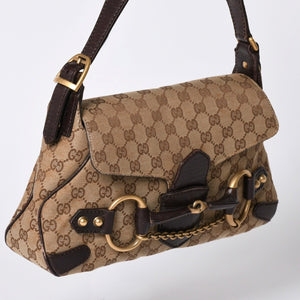 極美品 GUCCI グッチ ワンショルダーバッグ ホースビット GGキャンバス レザー ベージュ ダークブラウン 114915 中古 4a002077