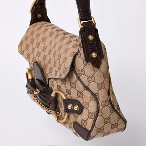 極美品 GUCCI グッチ ワンショルダーバッグ ホースビット GGキャンバス レザー ベージュ ダークブラウン 114915 中古 4a002077