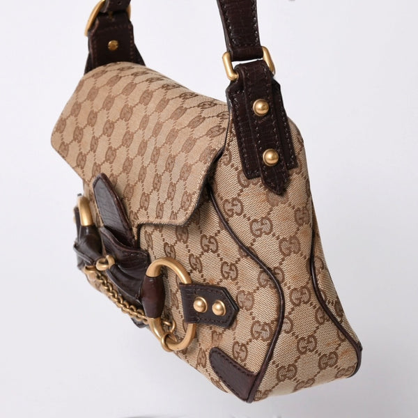 極美品 GUCCI グッチ ワンショルダーバッグ ホースビット GGキャンバス レザー ベージュ ダークブラウン 114915 中古 4a002077