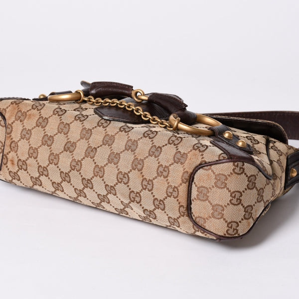 極美品 GUCCI グッチ ワンショルダーバッグ ホースビット GGキャンバス レザー ベージュ ダークブラウン 114915 中古 4a002077