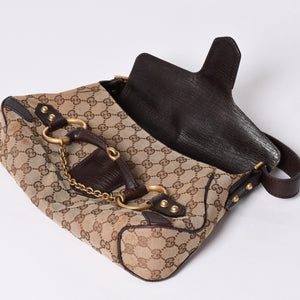 極美品 GUCCI グッチ ワンショルダーバッグ ホースビット GGキャンバス レザー ベージュ ダークブラウン 114915 中古 4a002077