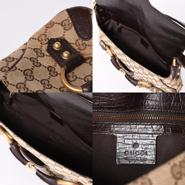 極美品 GUCCI グッチ ワンショルダーバッグ ホースビット GGキャンバス レザー ベージュ ダークブラウン 114915 中古 4a002077