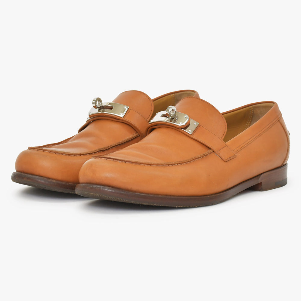 HERMES エルメス モカシン カーフ ケリーバックル ブラウン 42A シルバー金具 レザー 美品 中古 4a002355