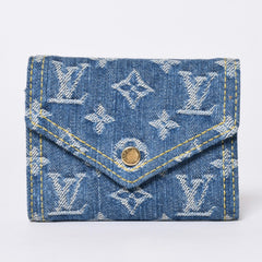 Like new Louis Vuitton trifold wallet monogram denim portefeuille Victorine M13212 blue denim reprint new model used 4a001935