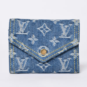 Like new Louis Vuitton trifold wallet monogram denim portefeuille Victorine M13212 blue denim reprint new model used 4a001935