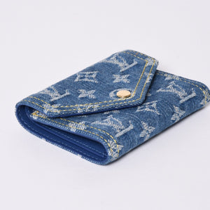 Like new Louis Vuitton trifold wallet monogram denim portefeuille Victorine M13212 blue denim reprint new model used 4a001935