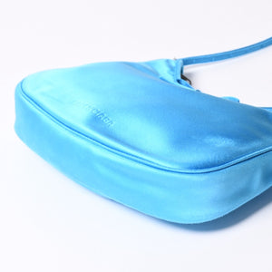 BALENCIAGA バレンシアガ レオポルダ スモールホーボーバッグ ディストレストサテン ラムスキン エンボスロゴ ライトブルー 3WAY 美品 中古 4a002364
