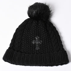 新品同様品 CHROME HEARTS クロムハーツ CHクロスパッチ カシミヤ ビーニー ONE SIZE 22cm ビーバーファー ラムレザー ブラック 中古 4a002372