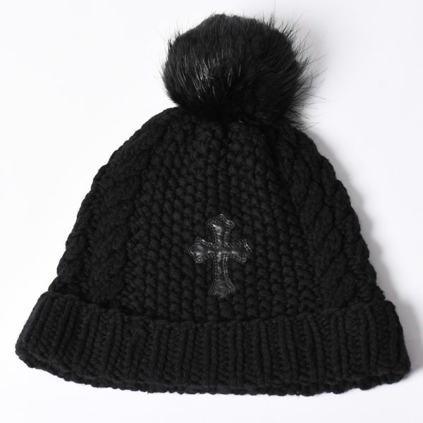 新品同様品 CHROME HEARTS クロムハーツ CHクロスパッチ カシミヤ ビーニー ONE SIZE 22cm ビーバーファー ラムレザー ブラック 中古 4a002372