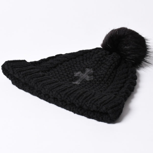 新品同様品 CHROME HEARTS クロムハーツ CHクロスパッチ カシミヤ ビーニー ONE SIZE 22cm ビーバーファー ラムレザー ブラック 中古 4a002372