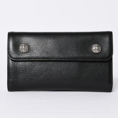 新品未使用 CHROME HEARTS クロムハーツ WAVE CRS BTN NOVELTY ウェーブロングウォレット 長財布 クロスボタン ブラック 中古 4a002437