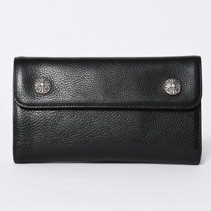 新品未使用 CHROME HEARTS クロムハーツ WAVE CRS BTN NOVELTY ウェーブロングウォレット 長財布 クロスボタン ブラック 中古 4a002437