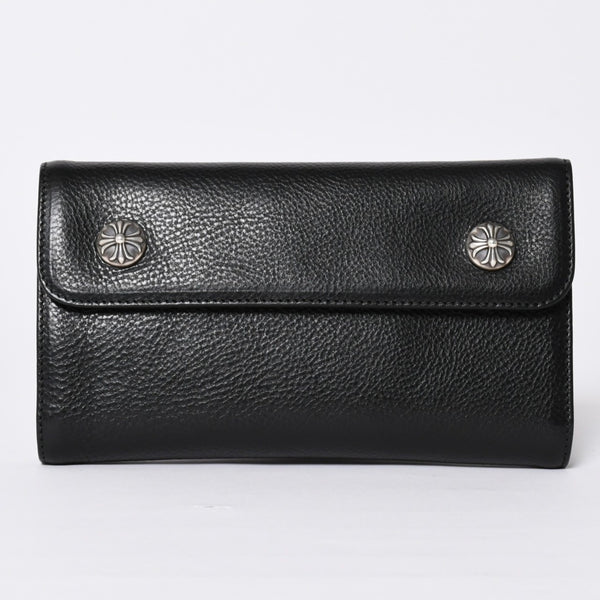 新品未使用 CHROME HEARTS クロムハーツ WAVE CRS BTN NOVELTY ウェーブロングウォレット 長財布 クロスボタン ブラック 中古 4a002437