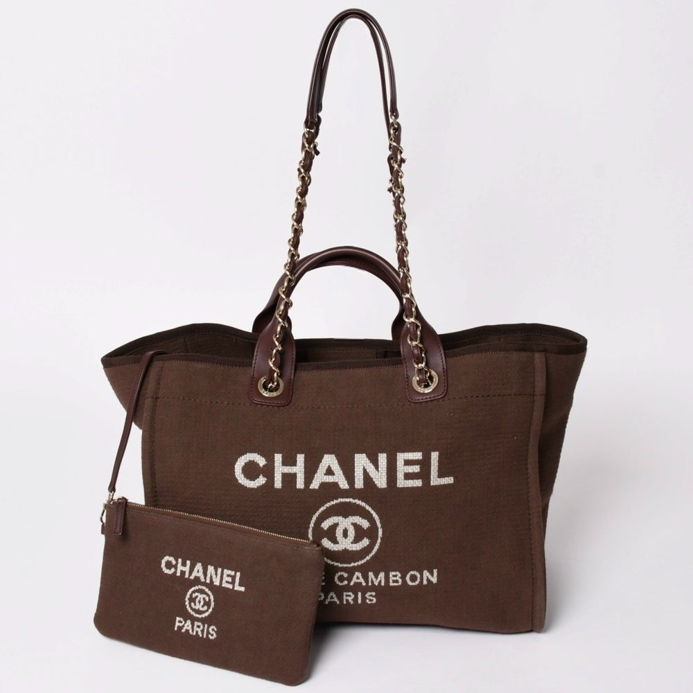 極美品 CHANEL シャネル ドーヴィルライン ラージ ショッピングバッグGM 2WAY A66941 ランダム番台 キャンバス レザー ブラウン 中古 4a002405